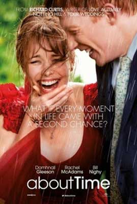 About Time Movie Poster with image of white red-haired woman laughing with hand under chin next to person in suit and tie
