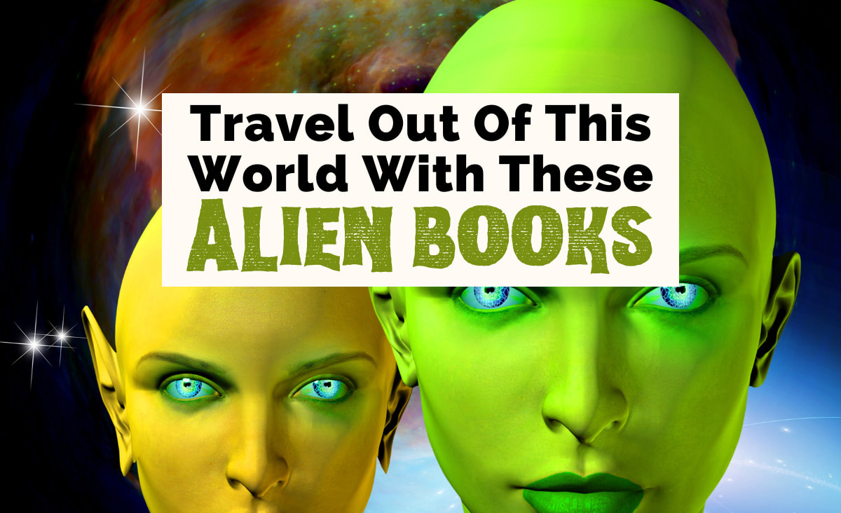 Alien books with image of yellow and green aliens with glowing blue eyes and space behind them