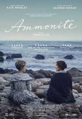 Ammonite Movie Poster with image of two white woman sitting on rocks near water talking