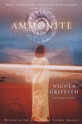 Ammonite by Nicola Griffith with image of person like a ghost in white not quite solid on the shore