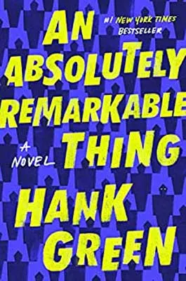 An Absolutely Remarkable Thing by Hank Green book cover with dark purple alien like people all over light purple background