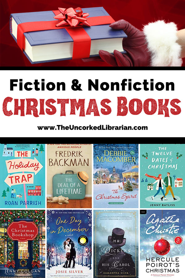 Best Adult Christmas Books Pinterest Pin with image of red gloved hand handing a blue covered book with ribbon and book covers for The Holiday Trap, The Deal of a Lifetime, the Christmas spirit, the twelve dates of Christmas, The Christmas bookshop, One Day in December, Mr. Dickens and his Carol, and Hercule Poirot's Christmas