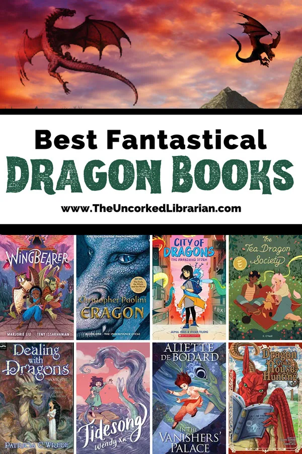 Books About Dragons Pinterest pin with two reddish dragons in pink, orange and purple sky with book covers for Wingbearer, Eragon, City of Dragons, The Tea Dragon Society, Dealing with Dragons, Tidesong, In the Vanishers' Palace, and Dragon Goes House Hunting