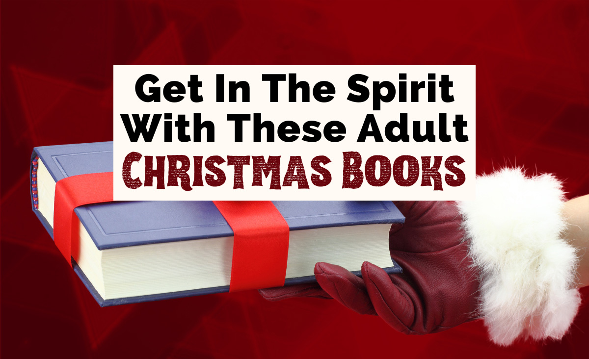 Christmas Books For Adults with image of red gloved hand gifting blue book with red ribbon