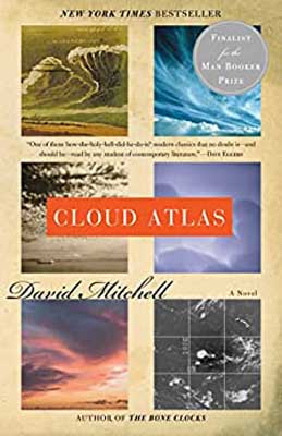 Cloud Atlas by David Mitchell book cover with six image of seasons and nature like waves, green hills, cloudy sky, and fog