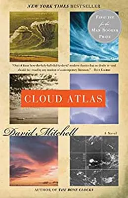 Cloud Atlas by David Mitchell book cover with six image of seasons and nature like waves, green hills, cloudy sky, and fog