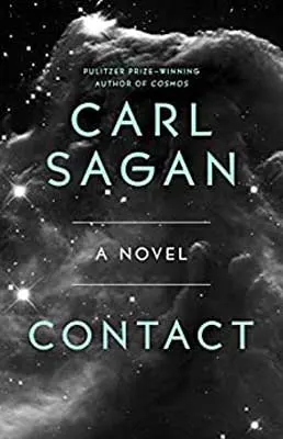 Contact by Carl Sagan book cover with black space with stars and wisps of clouds