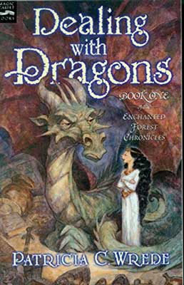 Dealing with Dragons by Patricia C. Wrede book cover with green dragon looking at person in white dress with long braided black hair