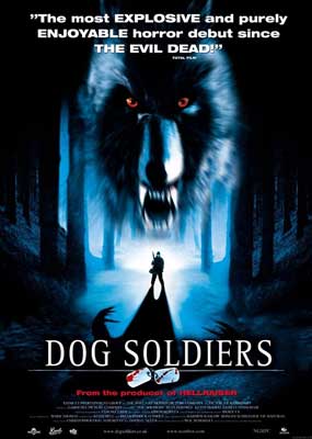 Dog Soldiers Film Poster with blue and black wolf with red eyes over person in blue and back forest