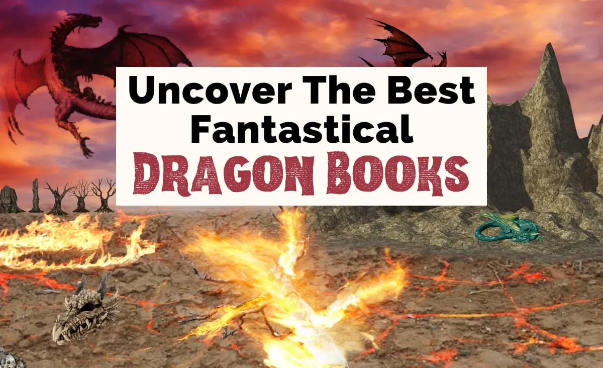 Dragon Books with image of two redish pink dragons breathing fire on landscape