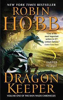 Dragon Keeper by Robin Hobb book cover with person standing next to green dragon