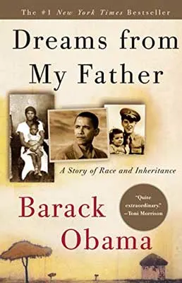 Dreams From My Father by Barack Obama book cover with three sepia toned photographs of young boy and family