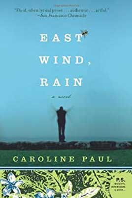 East Wind, Rain by Caroline Paul book cover with person waving blurred arms with green like grass and bright light blue background