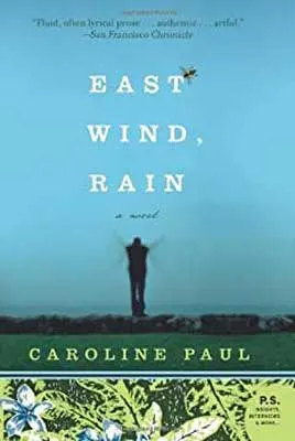 East Wind, Rain by Caroline Paul book cover with person waving blurred arms with green like grass and bright light blue background