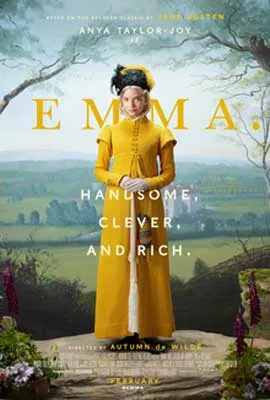 Emma movie poster with woman wearing all bright yellow with rolling green landscape behind her