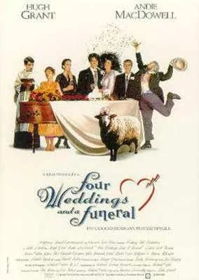Four Weddings and a Funeral Movie Poster with group of people standing together and sheep in front along with a funeral casket