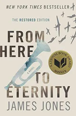 From Here to Eternity by James Jones book cover with blue trumpet with war planes coming out of it