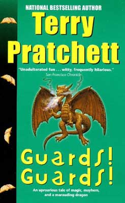 Guards! Guards! by Terry Pratchett book cover with golden brown dragon on green background