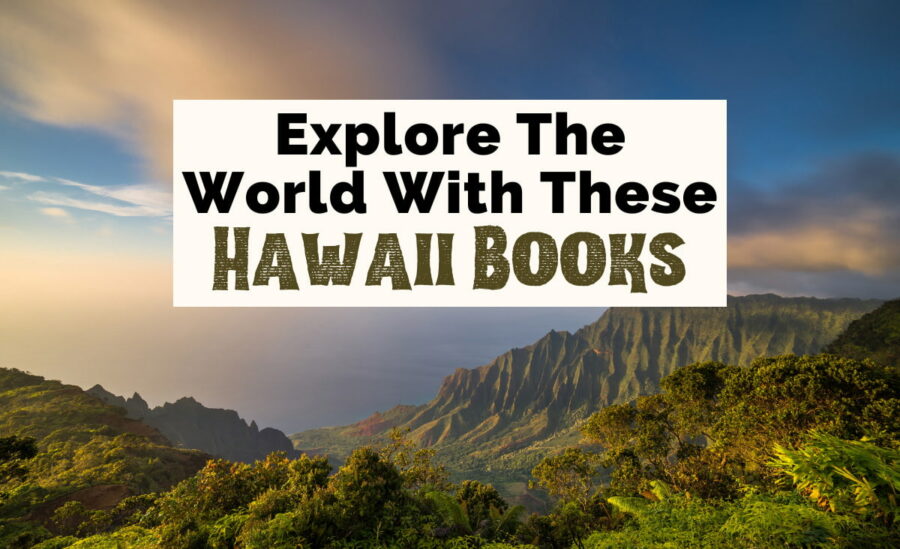 Hawaii Books with image of misty green and brown mountainous cliff overlooking water and cloudy sky