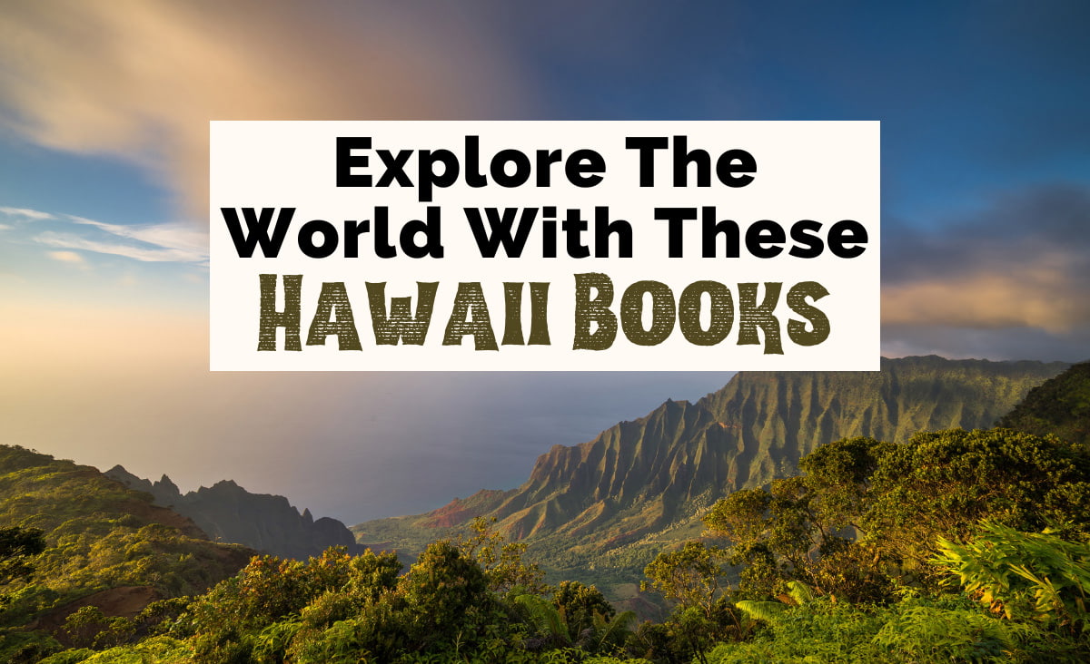 Hawaii Books with image of misty green and brown mountainous cliff overlooking water and cloudy sky