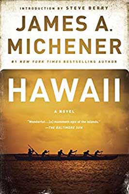 Hawaii by James Michener with people rowing in boat and yellow sky