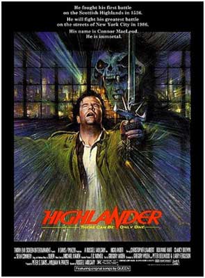Highlander Movie Poster with blurry image of a white person with brown hair in building with cityscape in the window