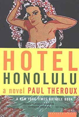 Hotel Honolulu by Paul Theroux book cover of top of person with arms in air putting on lei of pink flowers
