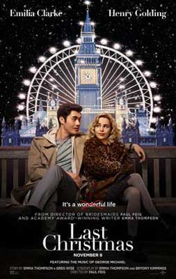 Last Christmas Movie Poster with white man and woman sitting in front of London Eye and the London Bridge