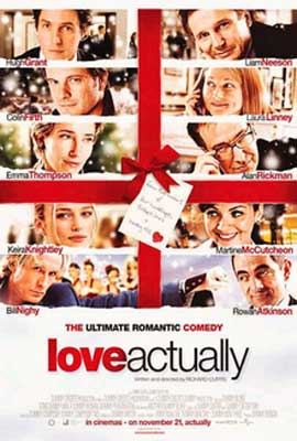 Love Actually Movie Poster with red ribbon across rectangle images from the movie