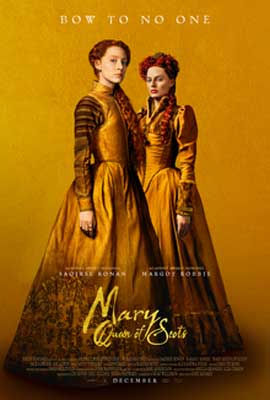 Mary Queen of Scots Movie Poster with two women in long yellowish brown period gowns