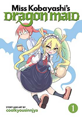Miss Kobayashi's Dragon Maid by coolkyousinnjya book cover with illustrated blonde haired person who looks angry and red haired person eyeing them from behind