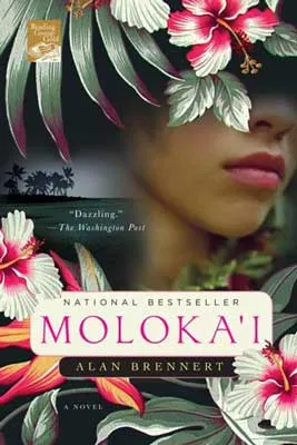 Molokaʻi by Alan Brennert book cover with person's face obscured with tropical leaves and flowers