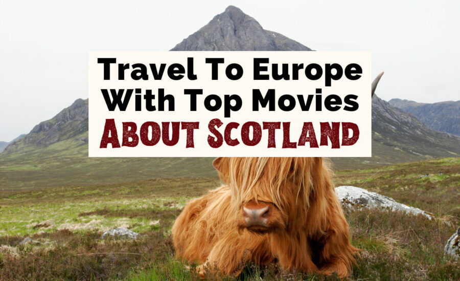 Movies About Scotland with brown Scottish Highland cow with large antlers sitting in front of mountain on green grass