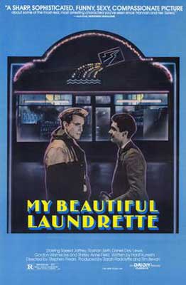 My Beautiful Laundrette Movie Poster with image of two people standing in dark in front of store front