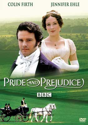 Pride and Prejudice TV Series with white male and female dressed in period clothing with green landscape