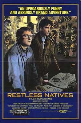Restless Natives Film Poster with two people, an older and younger son, looking at open material on table and skulls in cases in background