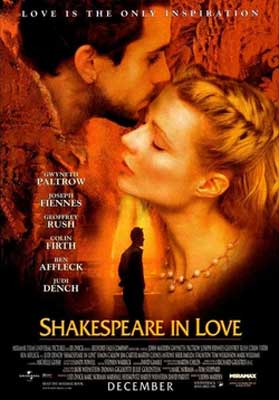 Shakespeare in Love movie poster with man kissing blonde female on forehead and shadowed person in the background