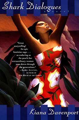 Shark Dialogues by Kiana Davenport book cover with person in red dress with white flowers with arms in the air