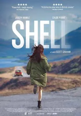 Shell Movie Poster with person with long redish hair running in long green shirt toward a car driving on road in mountainous landscape