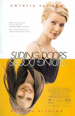 Sliding Doors Movie Poster with images of two women top to bottom one in white background and the other in a yellow background