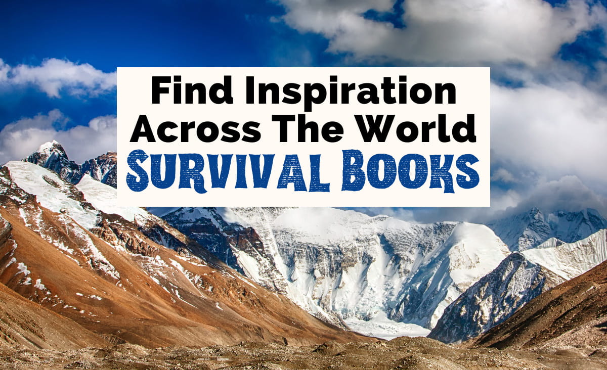 Survival Books with image of Everest with snow capped mountain and brown landscape in lower elevations