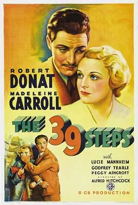 The 39 Steps Movie Poster with man and woman embraced on top and then image of man with hand over woman's mouth on bottom