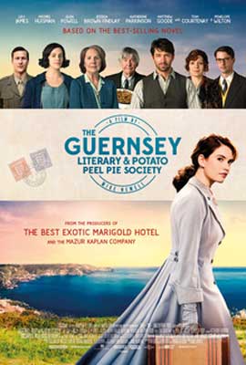 The Guernsey Literary and Potato Peel Pie Society Movie Poster with white brunette woman and above her are characters from the movie she meets