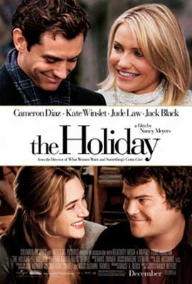 The Holiday Movie Poster with two scenes from the movie each with a man and a woman talking and smiling