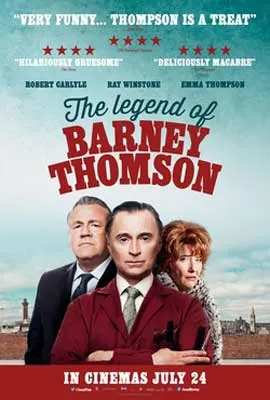 The Legend of Barney Thomson Film Poster with three white people, two men and a red-haired woman, and sky and cityscape behind them