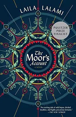The Moor’s Account by Laila Lalami book cover with geometric pattern with red, green, and yellow coloring
