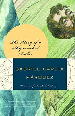 The Story of a Shipwrecked Sailor by Gabriel García Márquez book cover with illustrated person's head and compasses with green and blue background