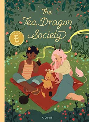 The Tea Dragon Society by Kay O'Neill book cover with two people sitting on blanket outside with tea