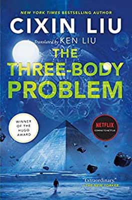 The Three-Body Problem by Cixin Liu book cover with moon, compass, and pyramid amidst space like landscape