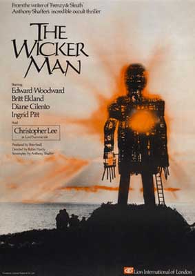 The Wicker Man Film Poster with image of robot like human with orange rays coming out of it and water and cliff landscape in the background